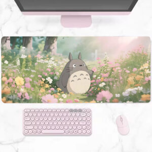Totoro Anime Mouse Pad Pastel Pink Green Floral Design
